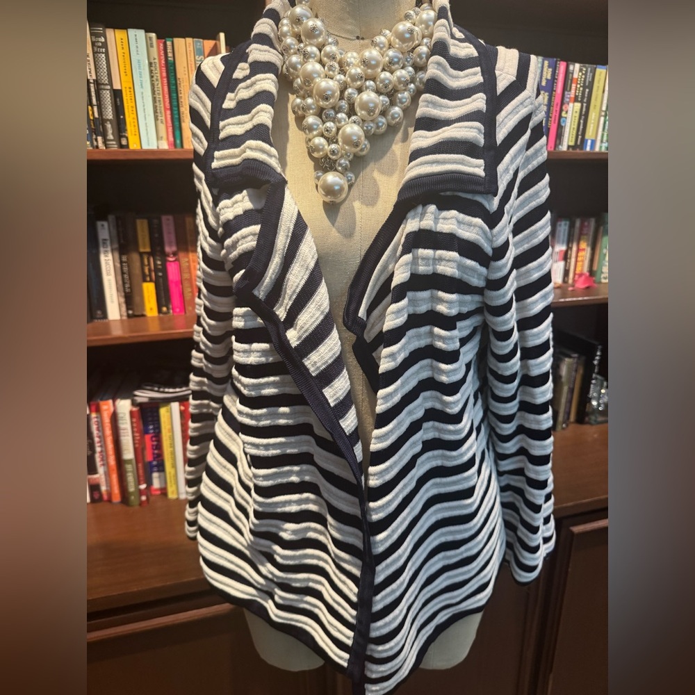 St. John Navy and White Striped Cardigan Shrug